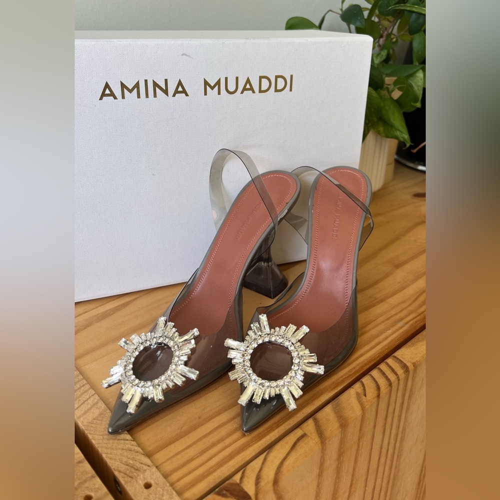 AMINA MUADDI Gray Begum Glass Slingback Heels